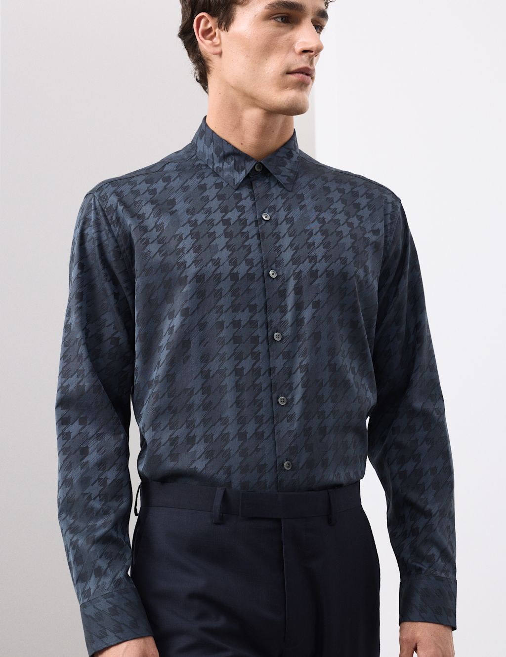 Autograph Regular Fit Cotton Rich Houndstooth Shirt - SREG - Blue Mix, Blue Mix