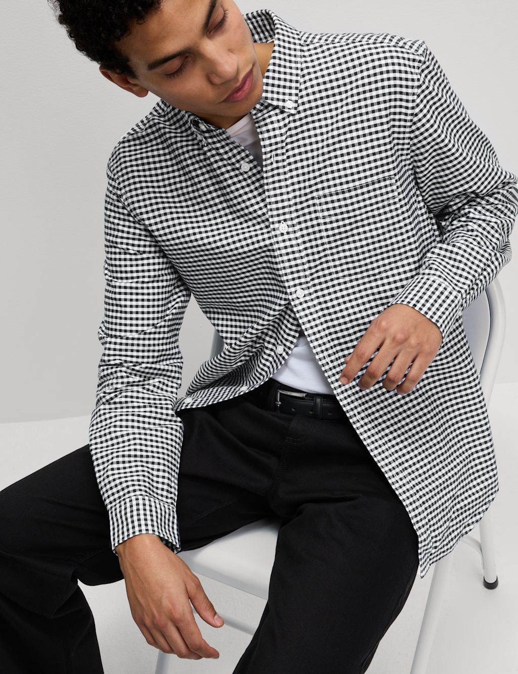M&S Ultimate Pure Cotton Check Oxford Shirt - XXXXLREG - Black Mix, Black Mix