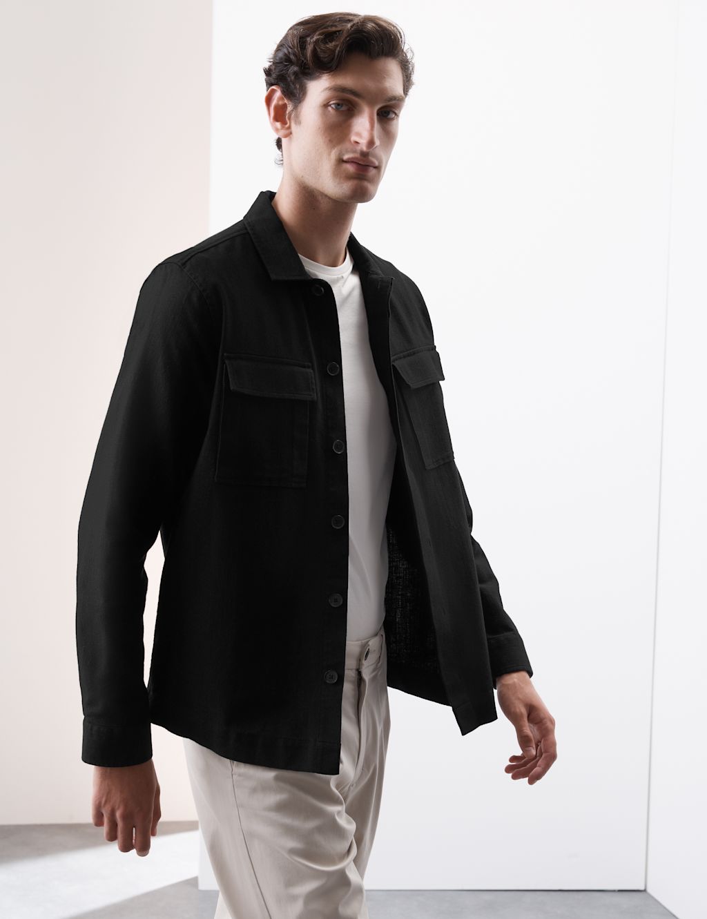 Autograph Cotton Linen Blend Overshirt - LREG - Black, Black