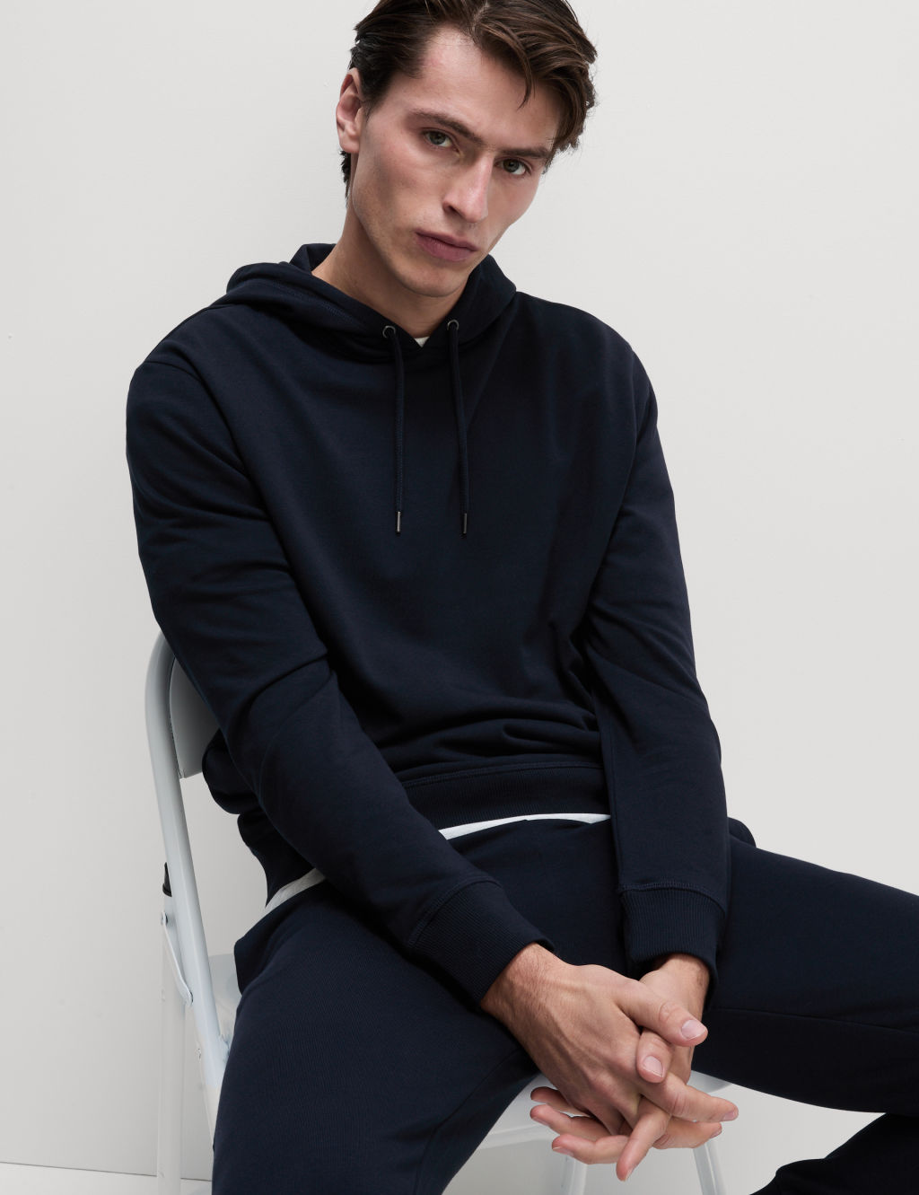 M&S Cotton Rich Lightweight Hoodie - XXLREG - Dark Navy, Dark Navy