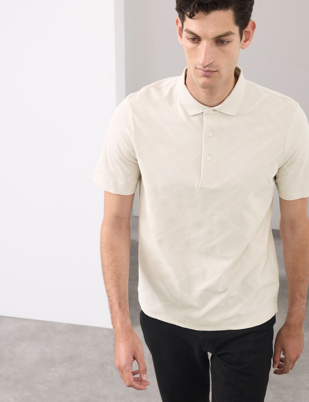 Autograph Pure Cotton Geometric Print Polo Shirt - XXLREG - Pale Opaline, Pale Opaline