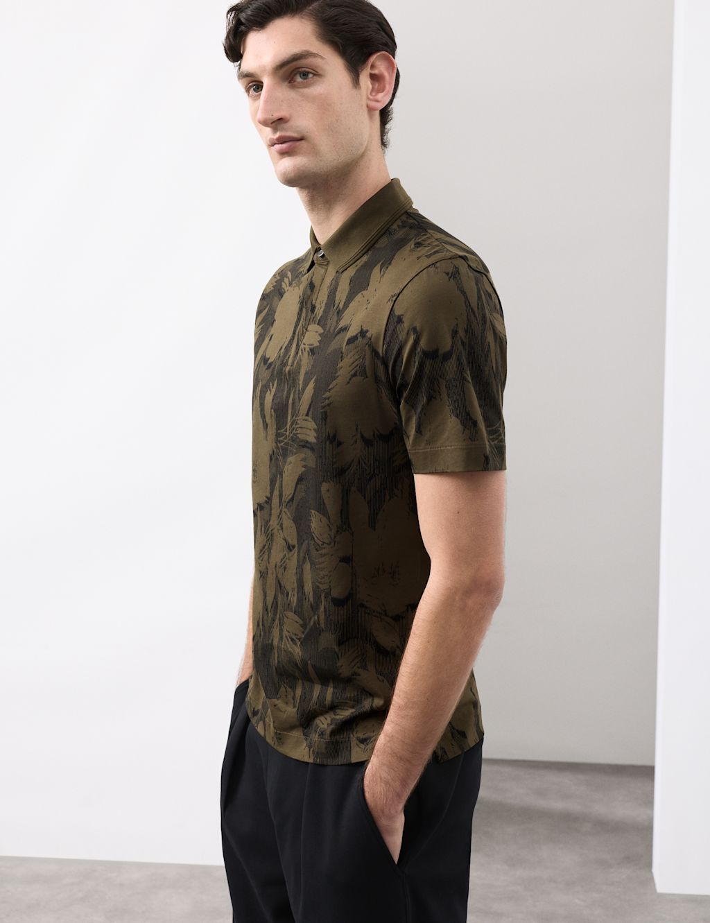 Autograph Pure Cotton Floral Print Polo Shirt - XXLREG - Dark Olive, Dark Olive