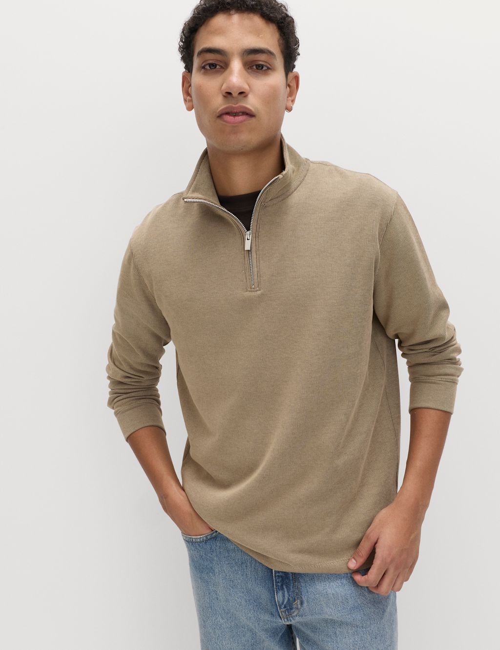 M&S Cotton Rich Double Knit Half Zip Sweatshirt - MREG - Sand, Sand
