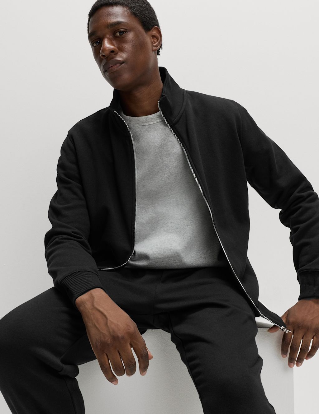 M&S Brushed Cotton Rich Funnel Neck Sweatshirt - SREG - Black, Black