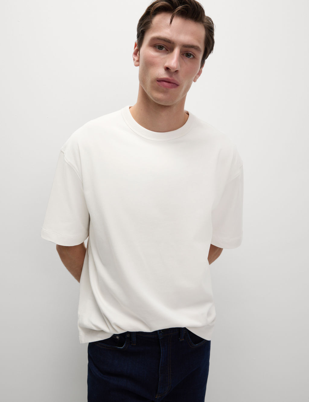 M&S Oversized Pure Cotton Heavy Weight T shirt - XSREG - Ecru Mix, Ecru Mix