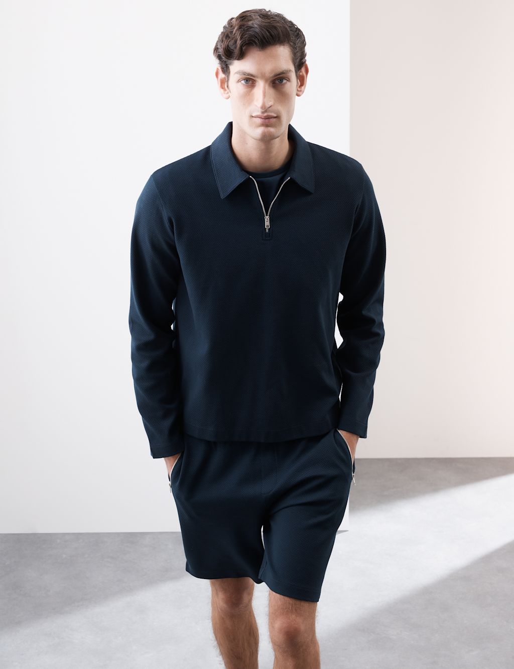 Autograph Cotton Rich Waffle Half Zip Long Sleeve Top - XXXLREG - Dark Navy, Dark Navy