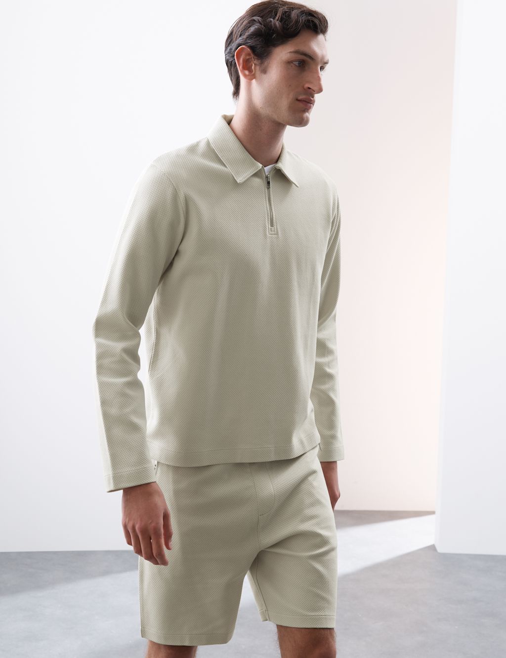 Autograph Cotton Rich Waffle Half Zip Long Sleeve Top - SREG - Pale Opaline, Pale Opaline