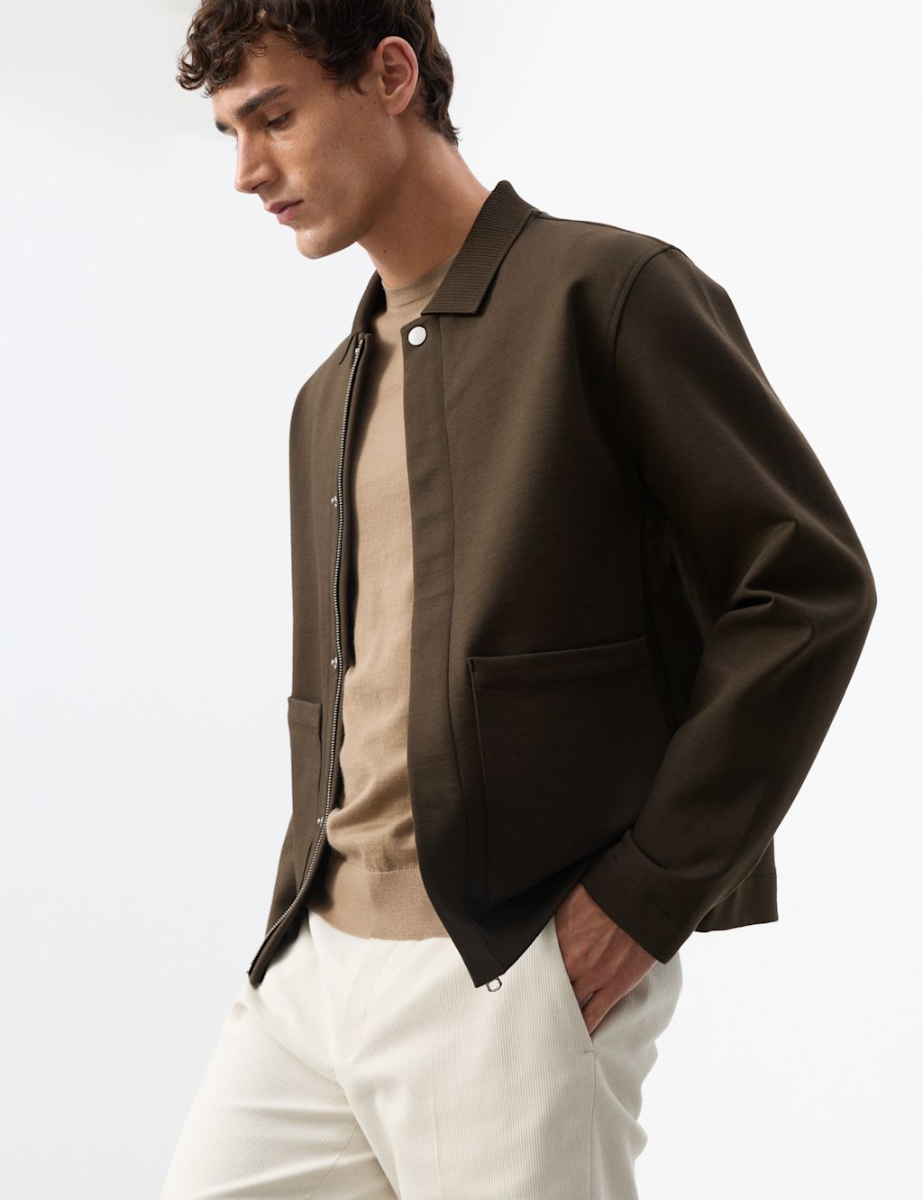 Autograph Cotton Rich Zip Up Overshirt - XXXLREG - Dark Olive, Dark Olive