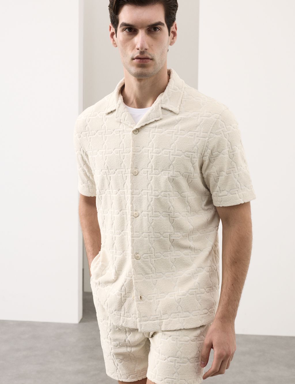 Autograph Cotton Rich Jacquard Towelling Revere Polo Shirt - S - Light Natural, Light Natural