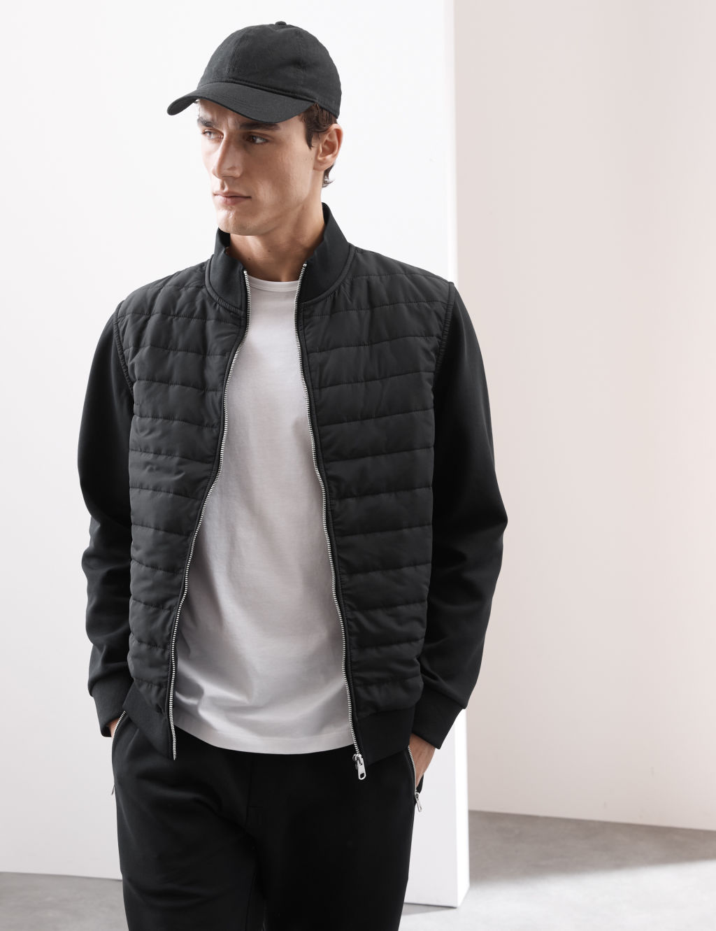 Autograph Cotton Rich Zip Up Quilted Jacket - SREG - Black, Black