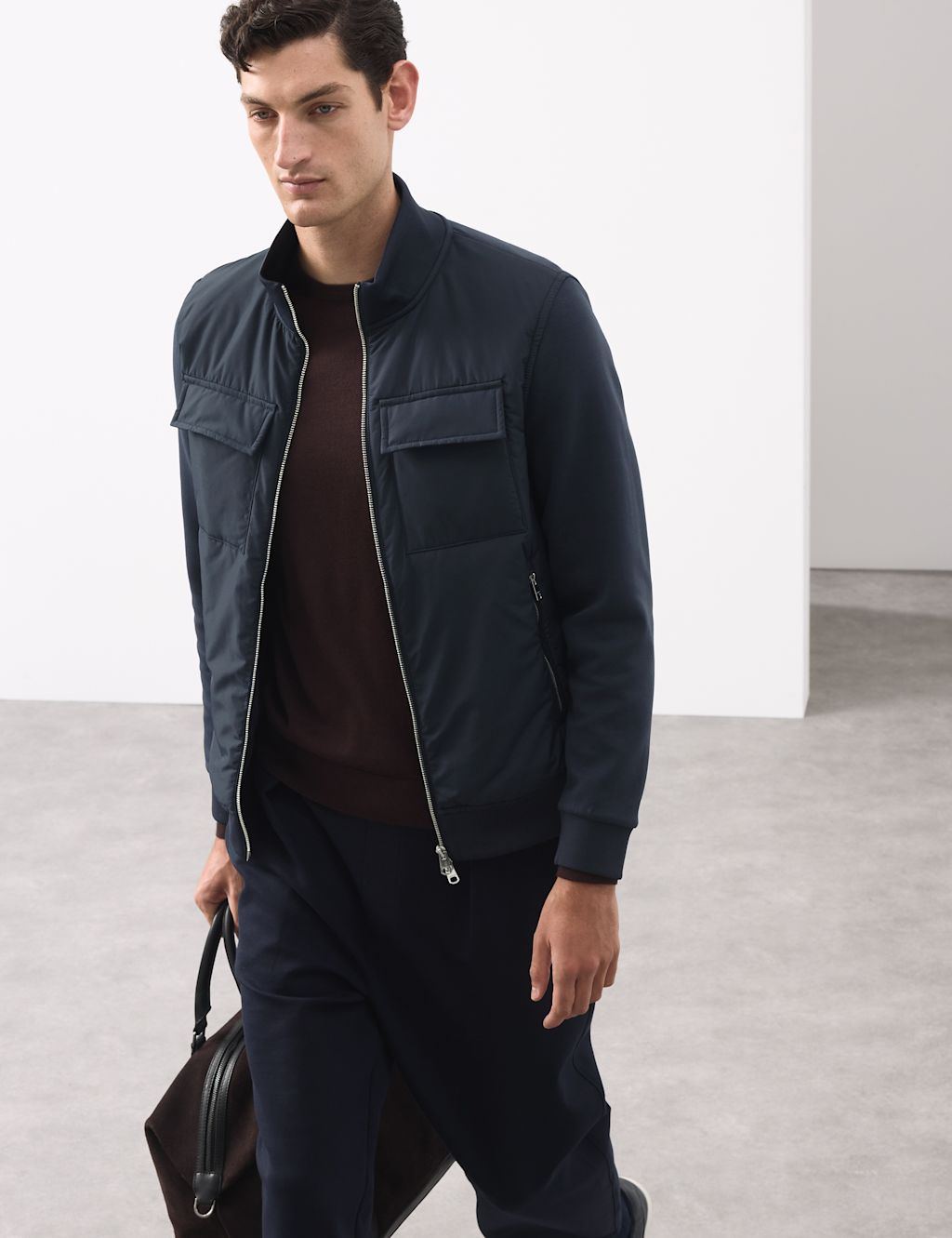 Autograph Cotton Rich Zip Up Pocket Jacket - LREG - Dark Navy, Dark Navy