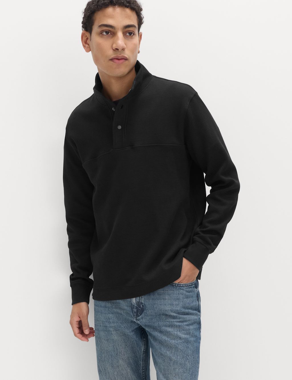 M&S Cotton Rich Waffle Funnel Neck Sweatshirt - XXXLREG - Black, Black