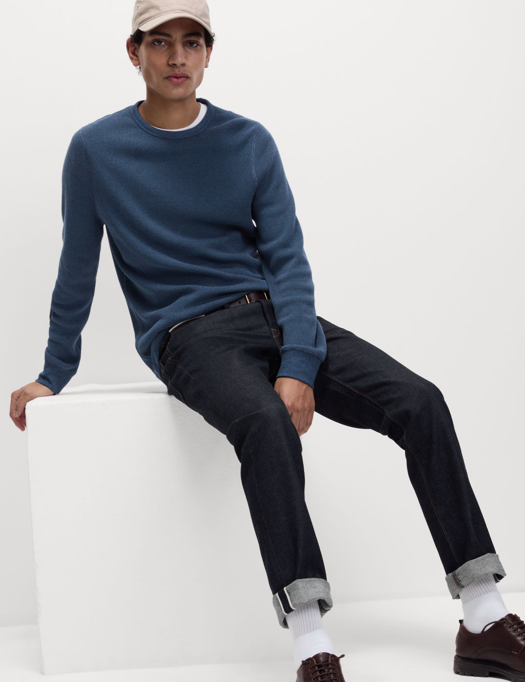 M&S Pure Cotton 2-Tone Waffle Sweatshirt - XXLREG - Dark Navy, Dark Navy