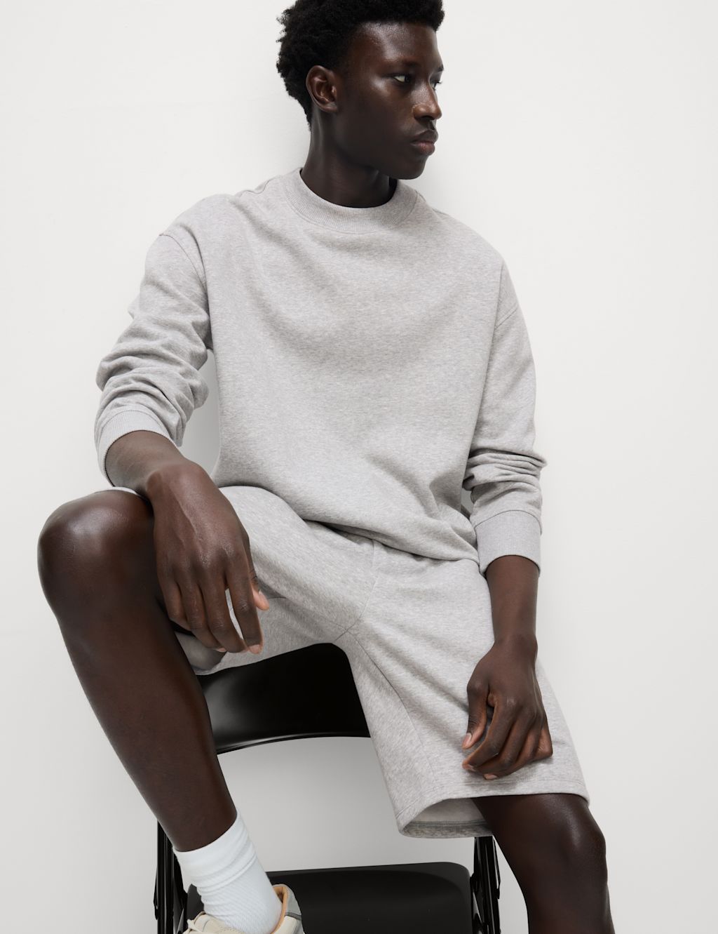 M&S Elasticated Waist Cotton Rich Oversized Shorts - MLNG - Grey Marl, Grey Marl
