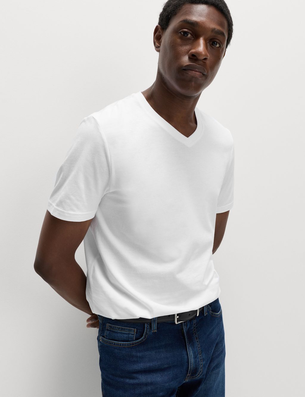 M&S Pure Cotton V Neck T-Shirt - XXXXLLNG - White, White