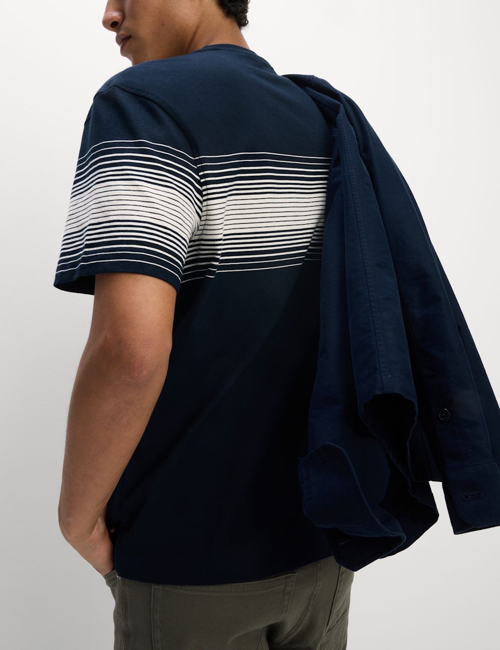 M&S Pure Cotton Chest Stripe Crew Neck T-Shirt - MREG - Dark Navy, Dark Navy