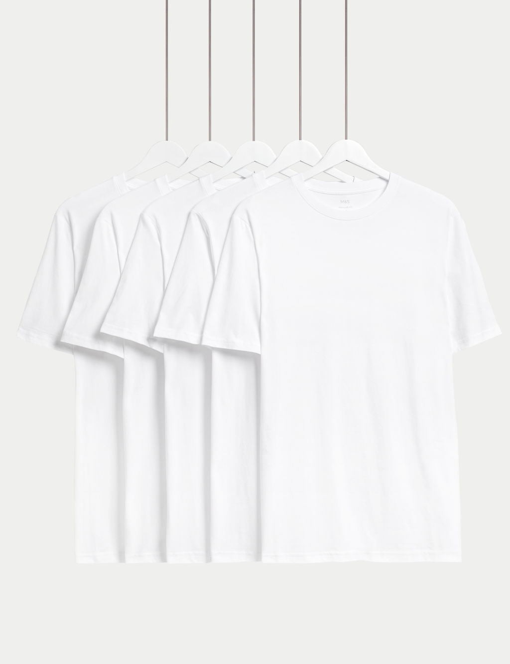 M&S 5 Pack Pure Cotton Crew Neck T-Shirts - LREG - White, White