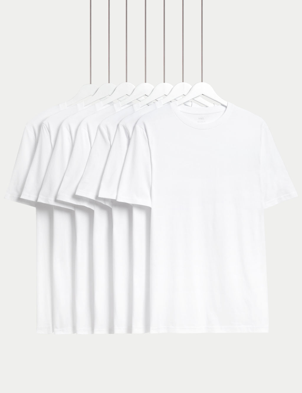M&S 7 Pack Pure Cotton Crew Neck T-Shirts - LREG - White, White