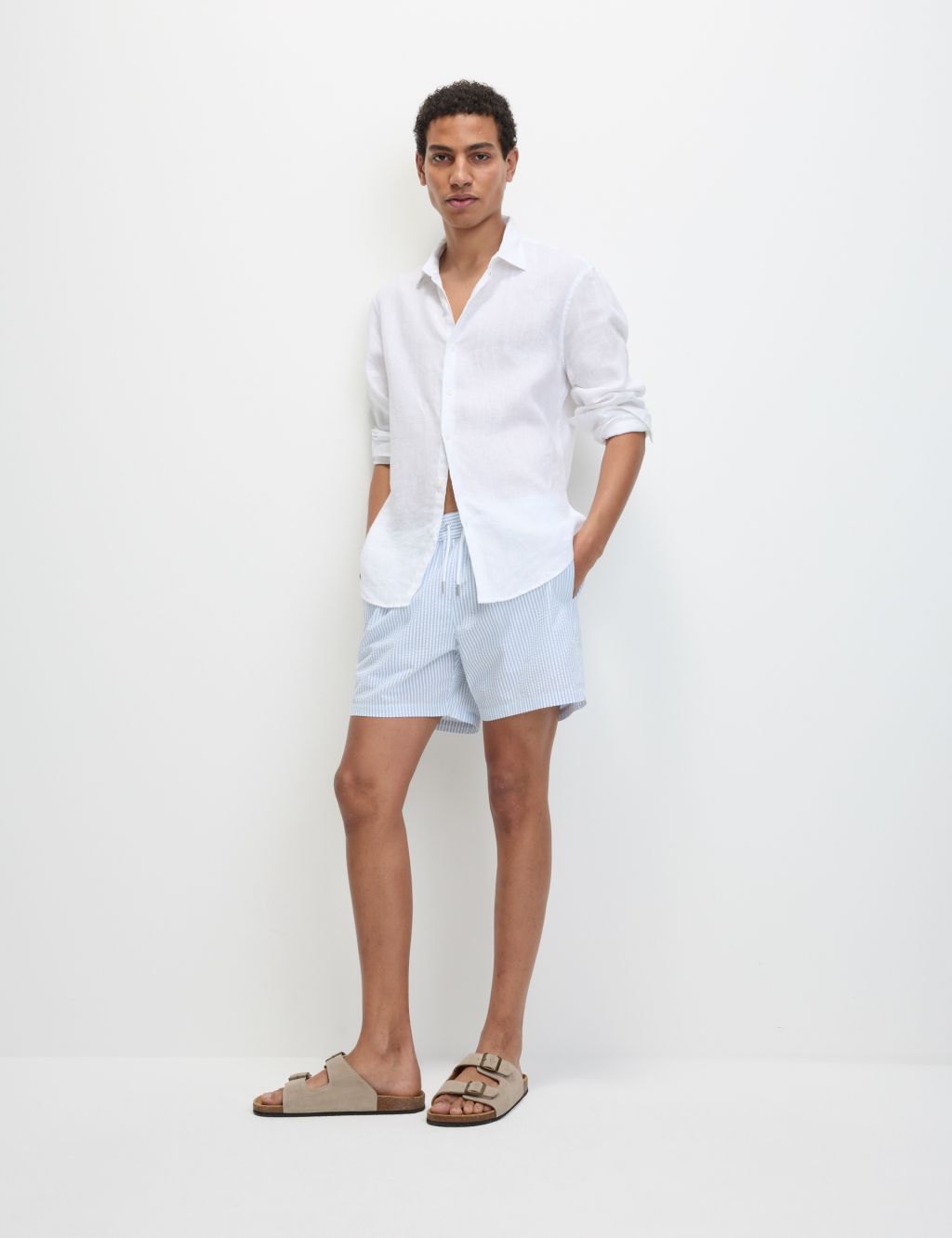 M&S Cotton Rich Seersucker Striped Swim Shorts - XXXLMID - Light Airforce, Light Airforce