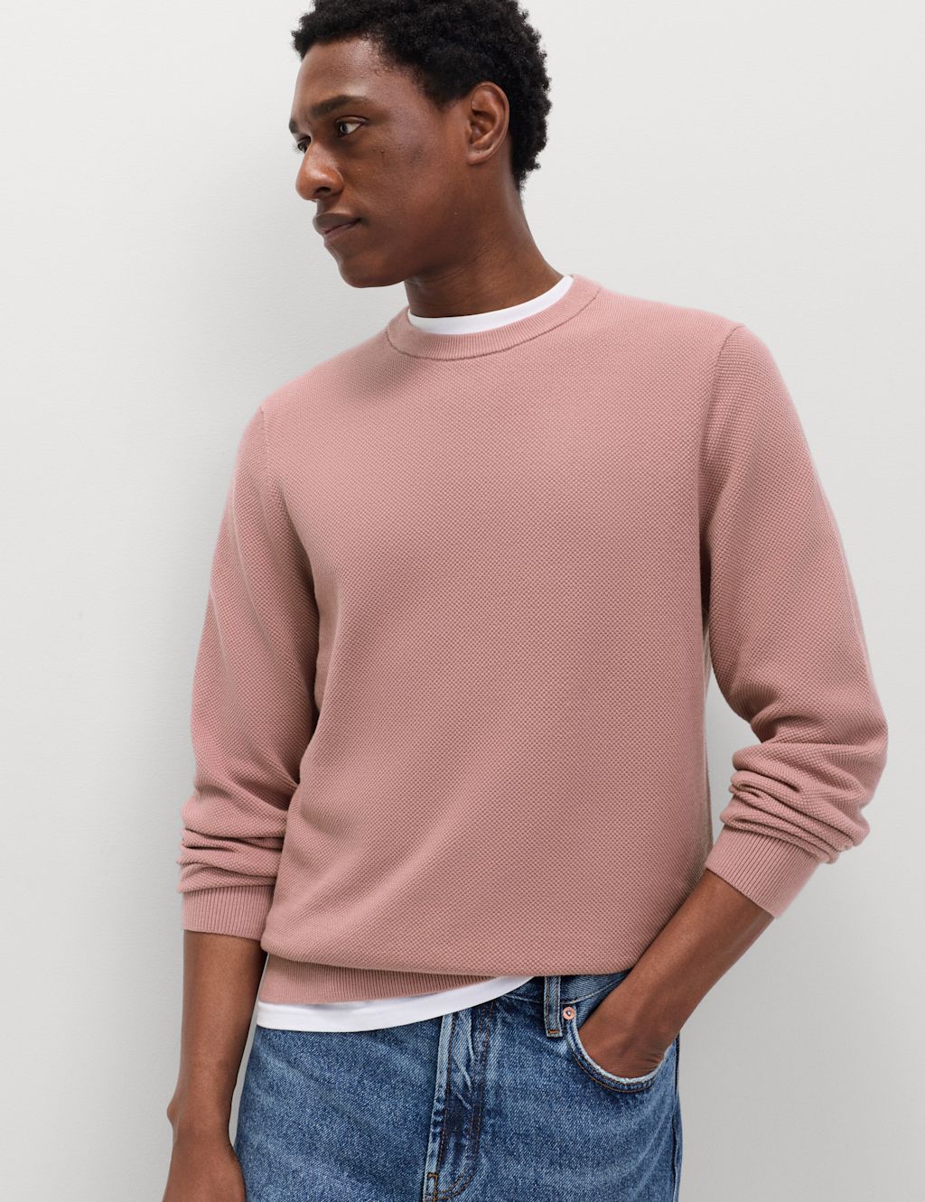 M&S Pure Cotton Textured Crew Neck Jumper - XXLREG - Antique Rose, Antique Rose