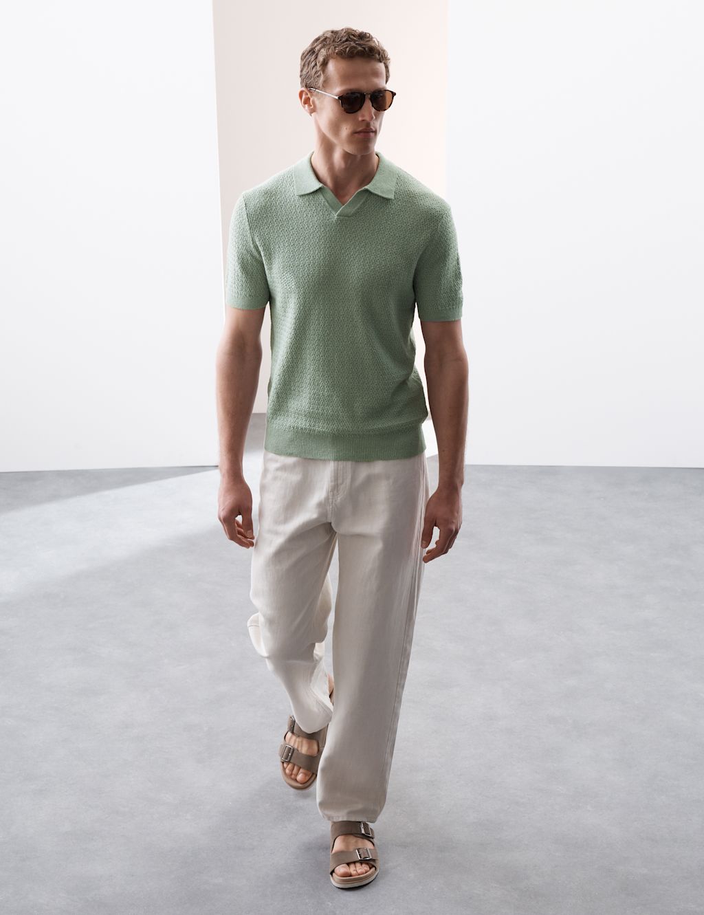 Autograph Linen Rich Knitted Open Neck Polo Shirt - XXLREG - Light Green, Light Green