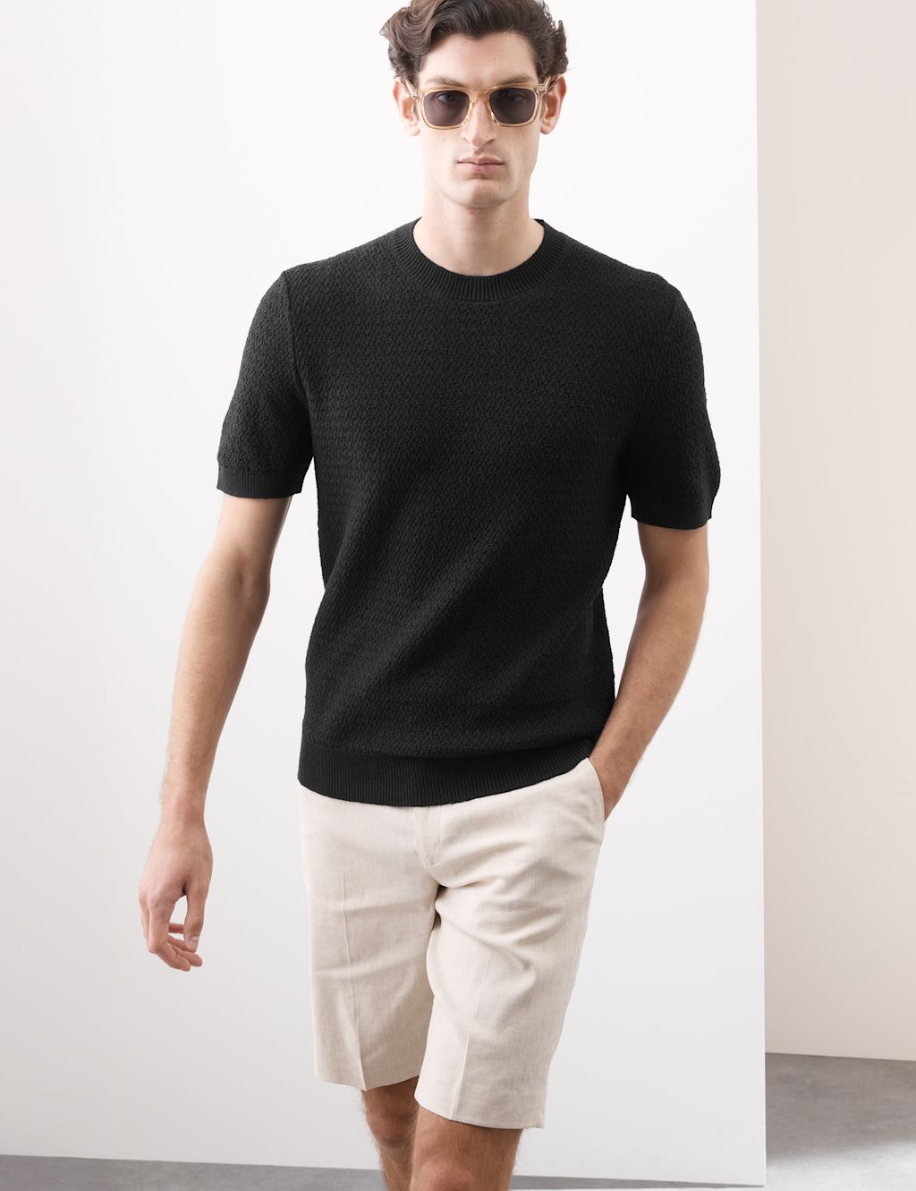 Autograph Linen Blend Textured Knitted T-Shirt - MREG - Black, Black