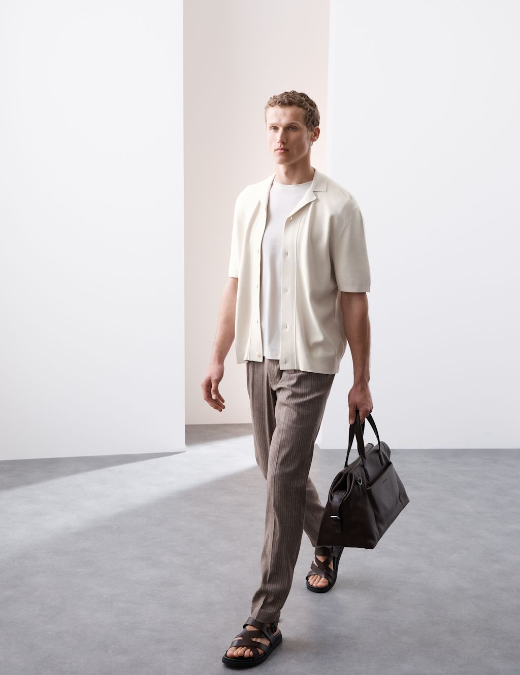 Autograph Relaxed Button Through Knitted Polo Shirt - MREG - Light Natural, Light Natural