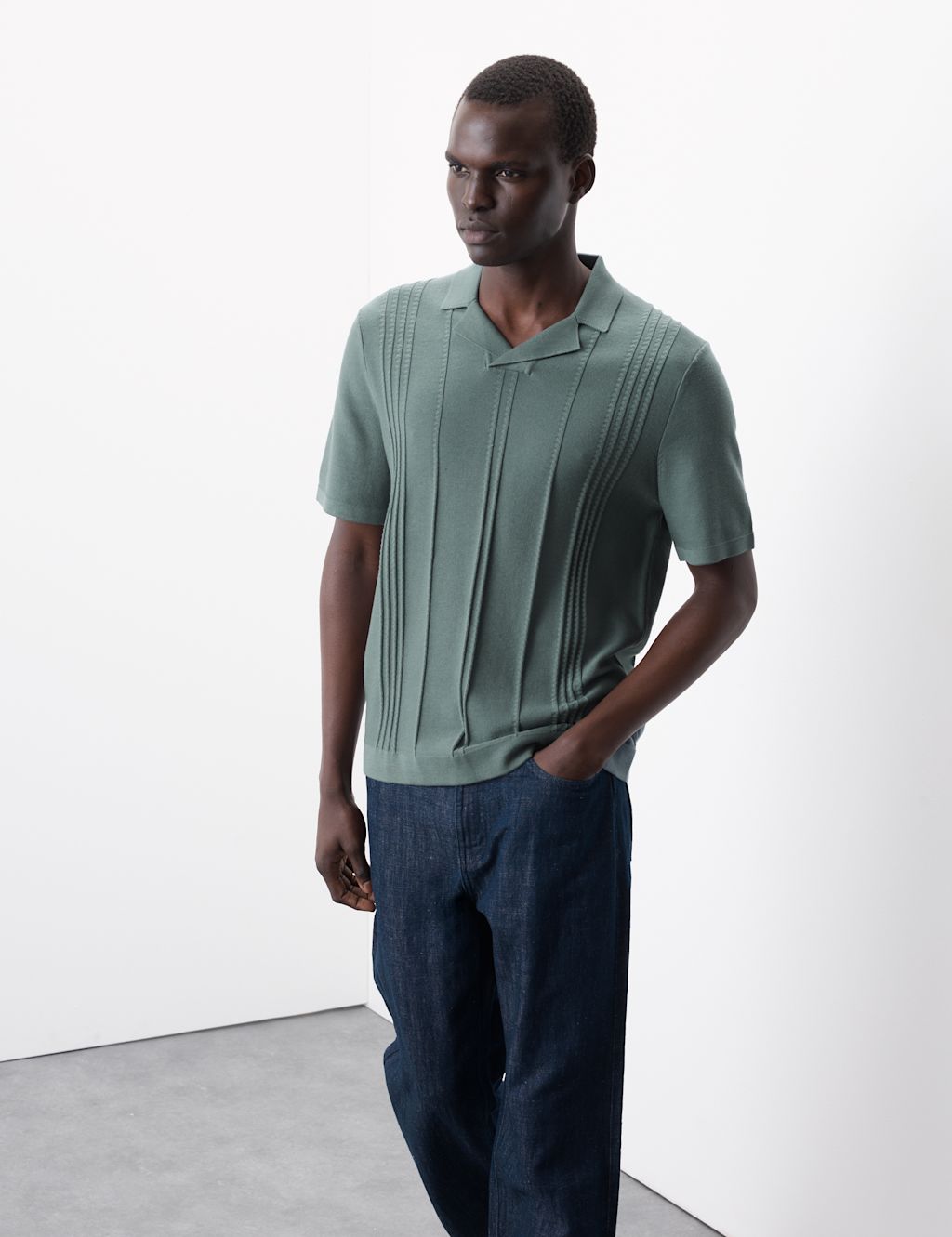 Autograph Pointelle Open Neck Knitted Polo Shirt - LREG - Teal Green, Teal Green