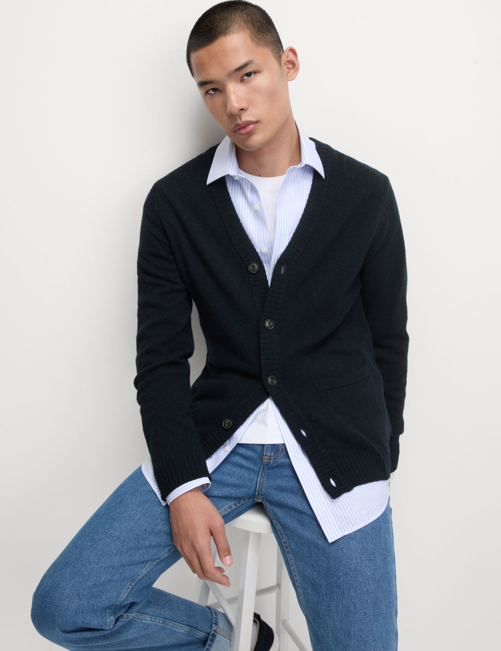 M&S Extra Fine Lambswool Rich V-Neck Cardigan - SREG - Dark Navy, Dark Navy