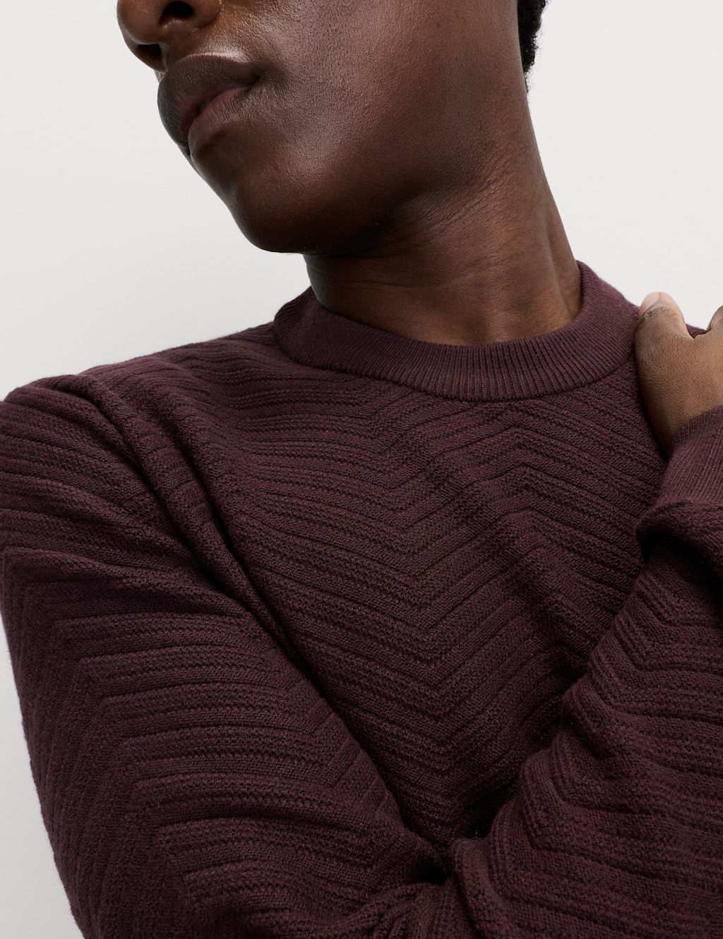 M&S Cotton Blend Herringbone Crew neck Jumper - XLLNG - Dark Grape, Dark Grape