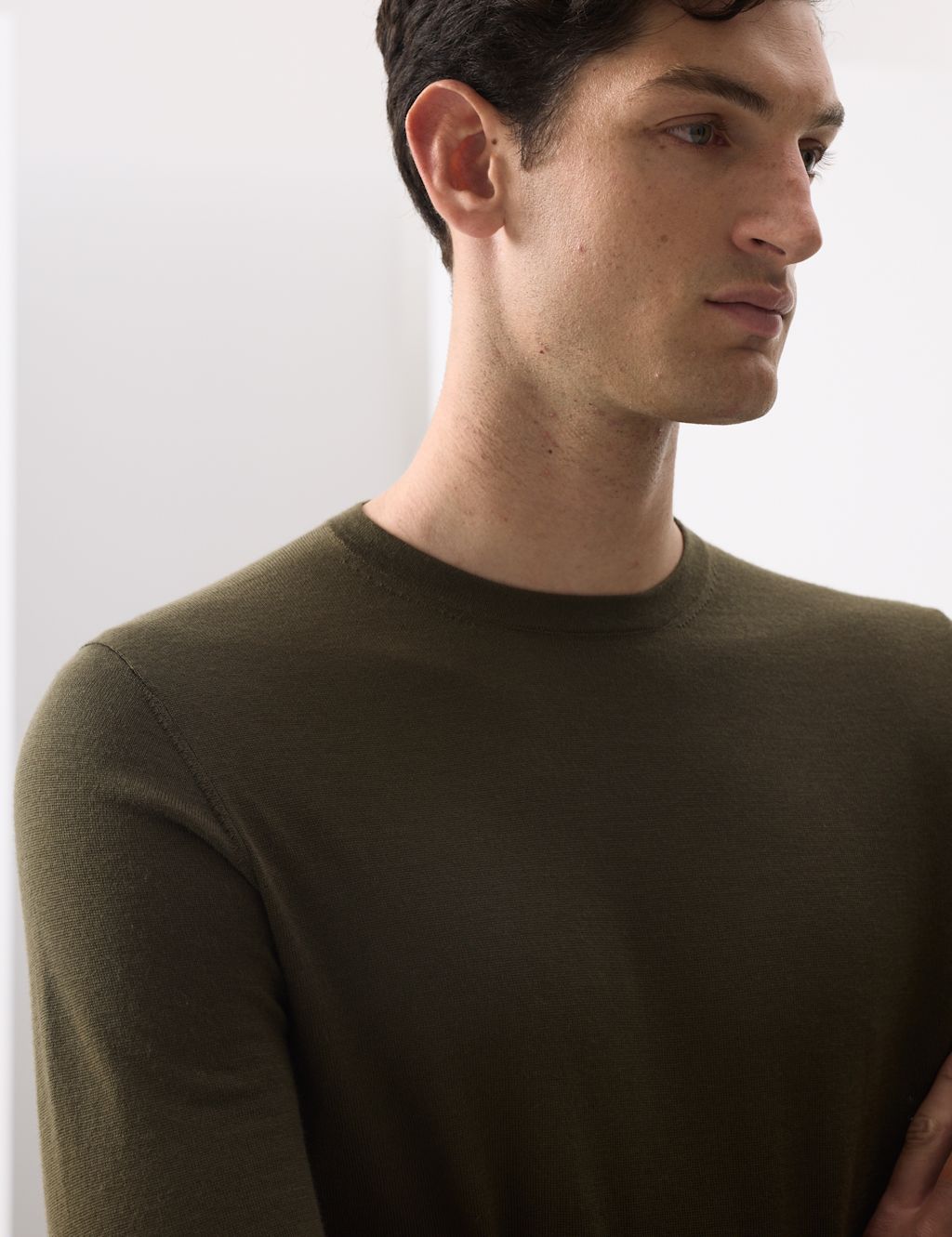 Autograph Pure Extra Fine Merino Wool Crew Neck Jumper - MREG - Dark Olive, Dark Olive