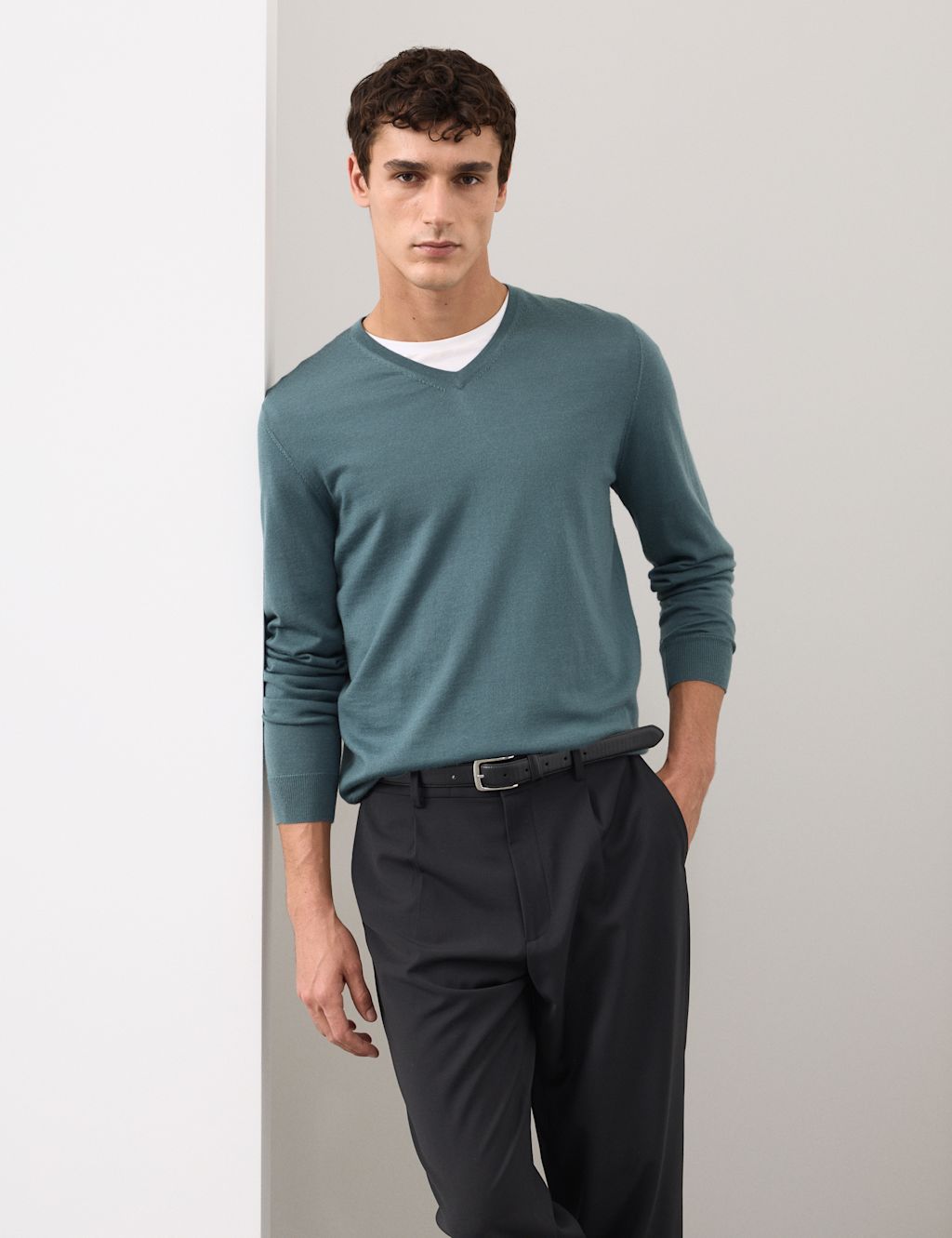 Autograph Pure Extra Fine Merino Wool V-Neck Jumper - XLREG - Teal Green, Teal Green