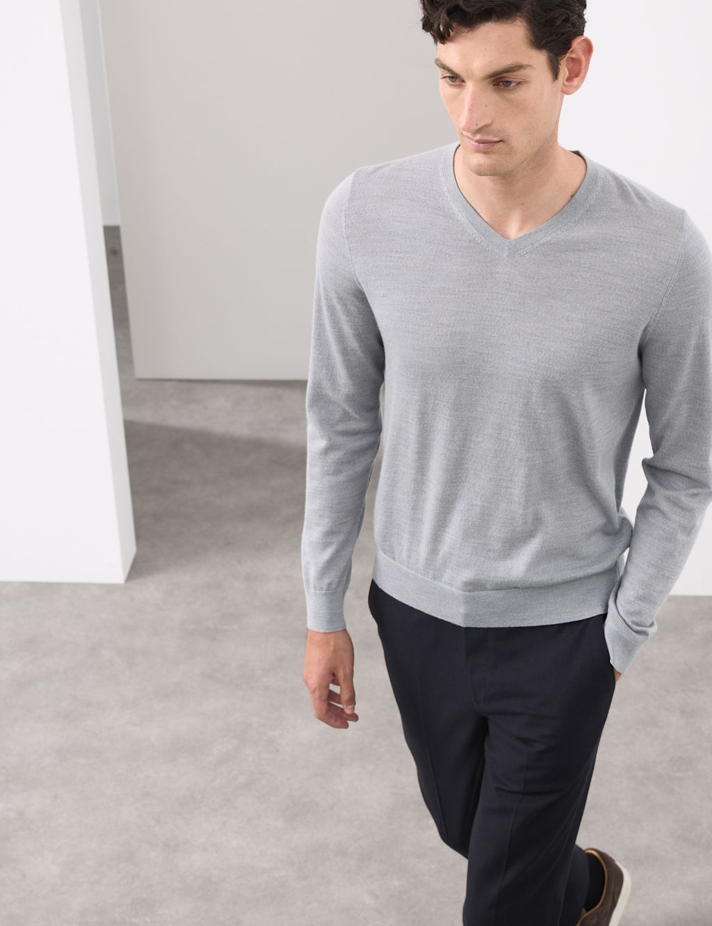 Autograph Pure Extra Fine Merino Wool V-Neck Jumper - XXLREG - Grey Marl, Grey Marl