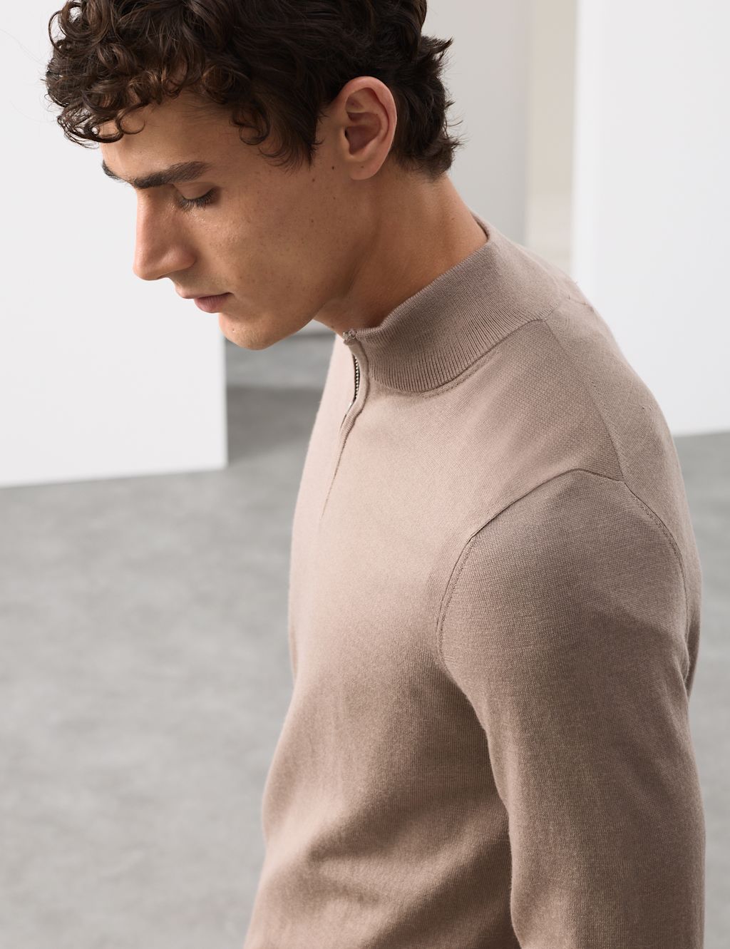 Autograph Pure Extra Fine Merino Wool Half Zip Jumper - MREG - Cappuccino, Cappuccino