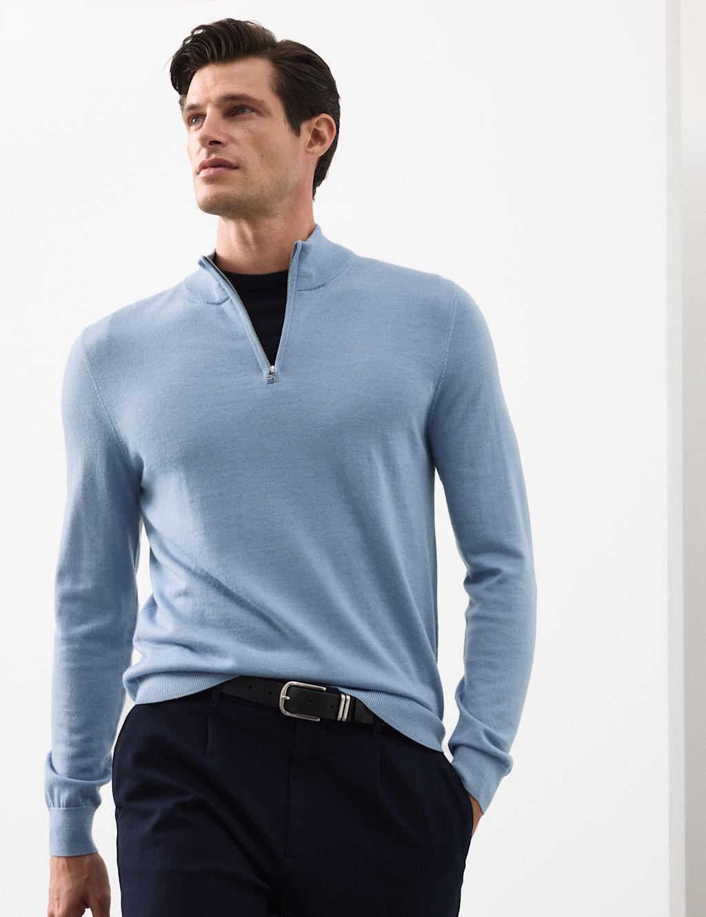 Autograph Pure Extra Fine Merino Wool Half Zip Jumper - SREG - Smokey Blue, Smokey Blue