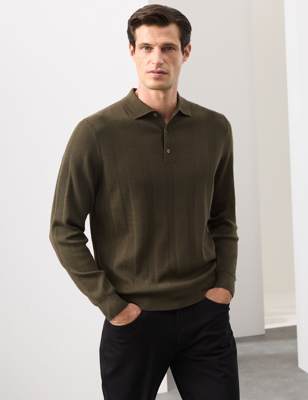 Autograph Extra Fine Merino Wool Blend Knitted Polo - LREG - Dark Olive, Dark Olive