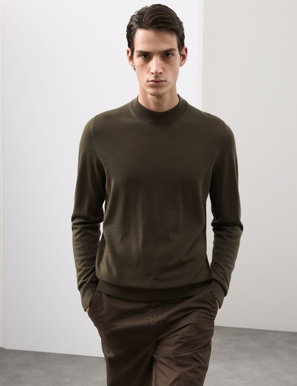 Autograph Pure Extra Fine Merino Wool Performance Jumper - MREG - Dark Olive, Dark Olive