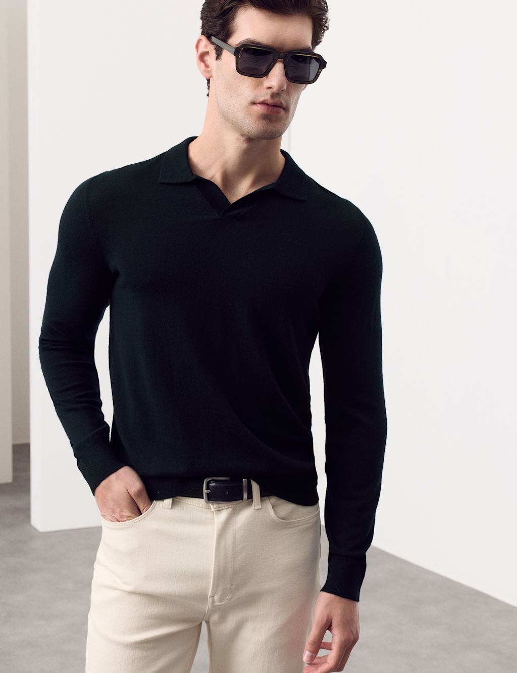 Autograph Pure Extra Fine Merino Wool Knitted Polo Shirt - L - Dark Navy, Dark Navy