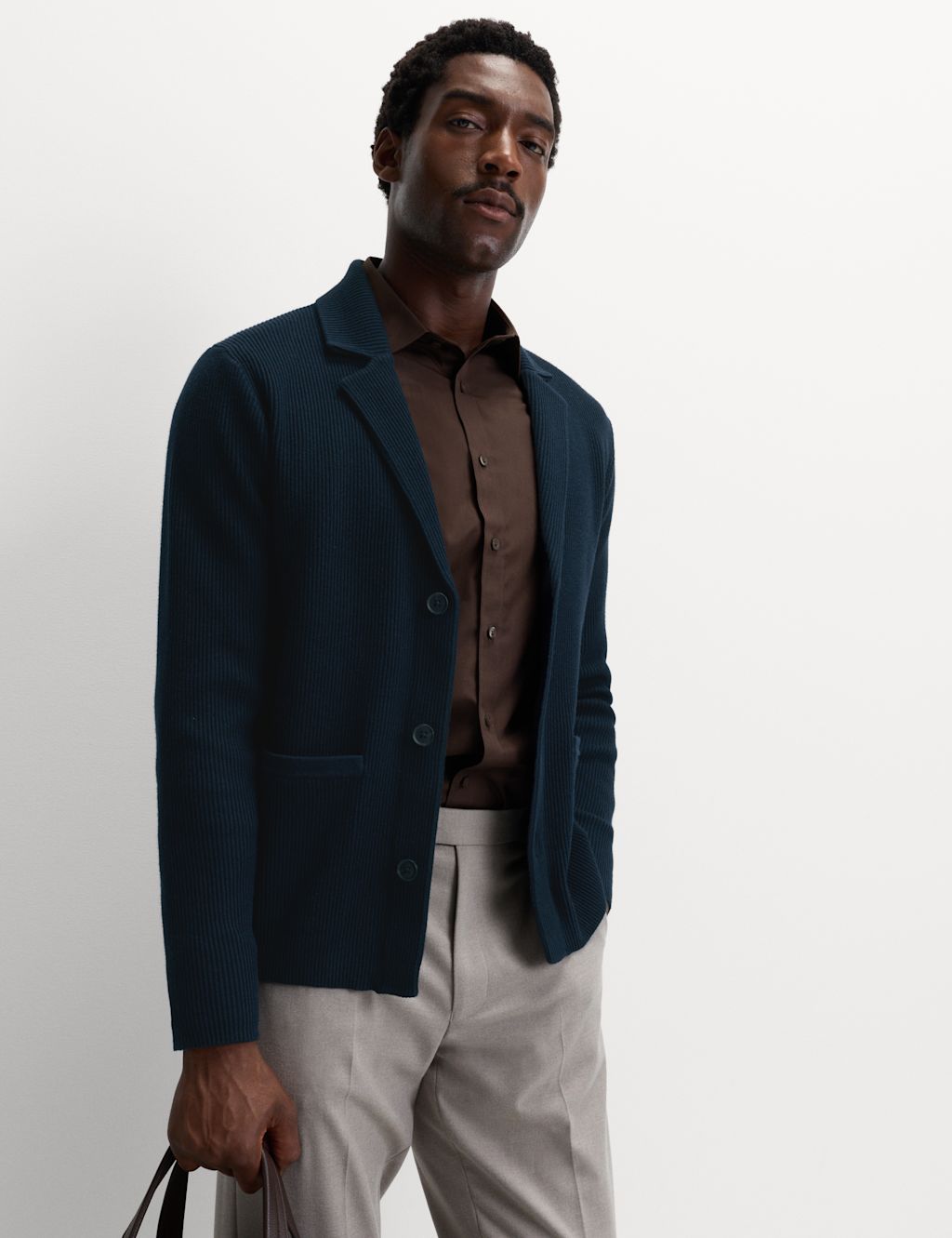 M&S Cotton Blend Cuban Collar Knitted Blazer - SREG - Dark Navy, Dark Navy