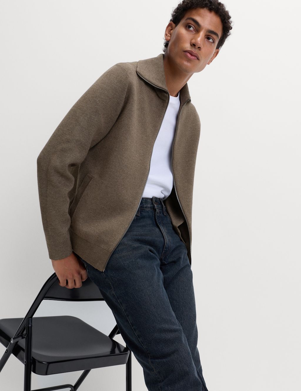 M&S Cotton Blend Milano-Knit Zip Up Jumper - XXXXLLNG - Medium Brown, Medium Brown