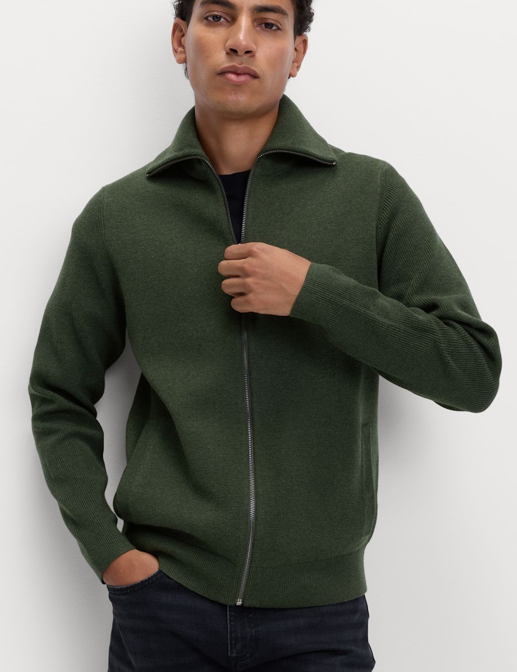 M&S Cotton Blend Milano-Knit Zip Up Jumper - XXXXLLNG - Dark Khaki, Dark Khaki