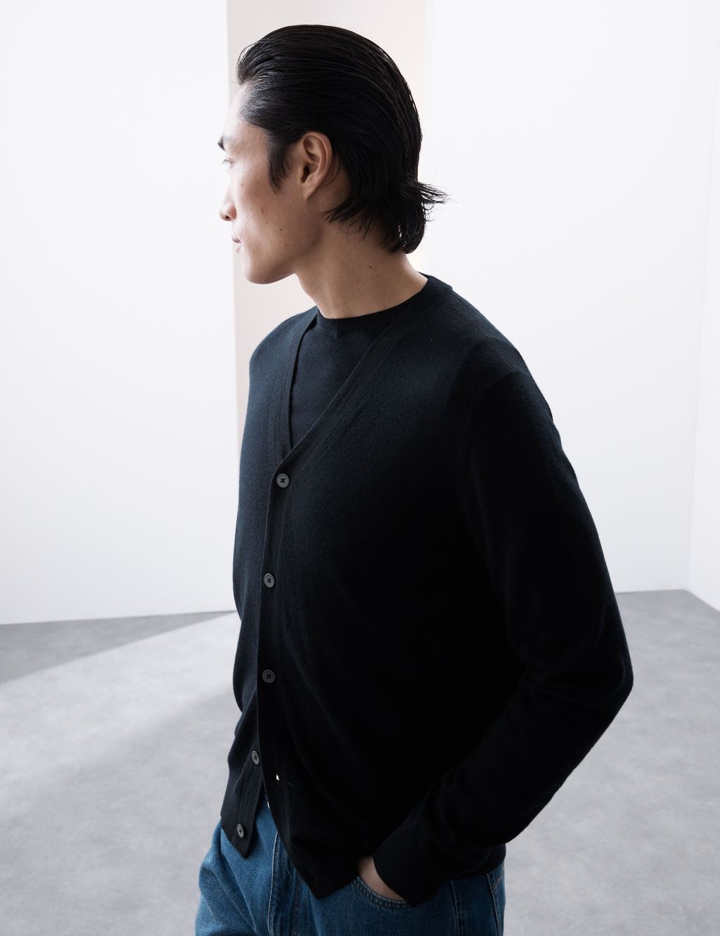 Autograph Pure Extra Fine Merino Wool V-Neck Cardigan - XXXXLLNG - Navy, Navy