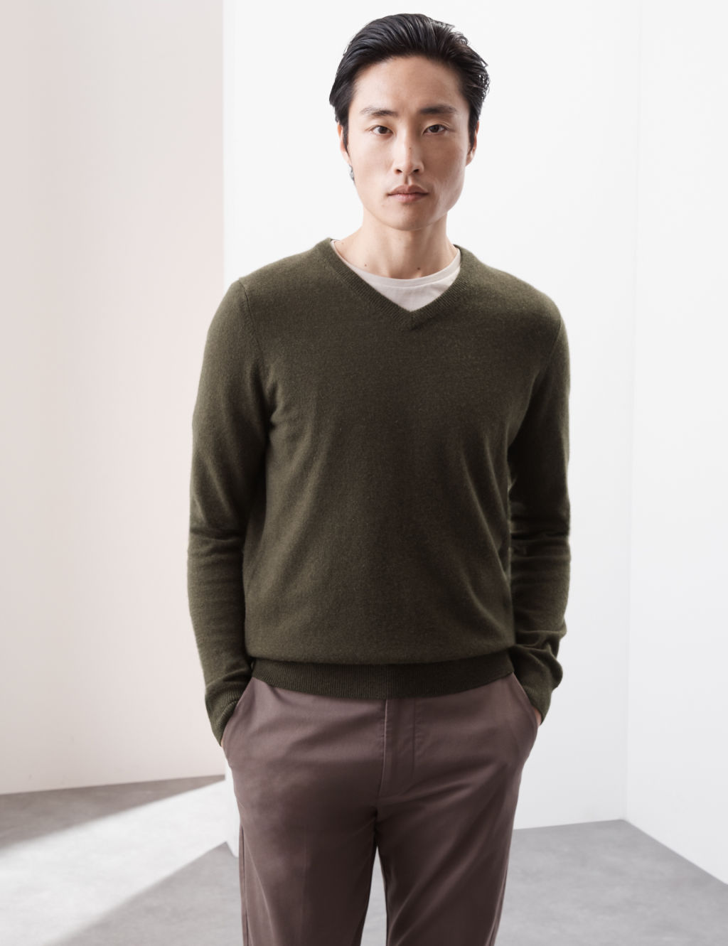 Autograph Pure Cashmere V-Neck Jumper - MREG - Dark Olive, Dark Olive