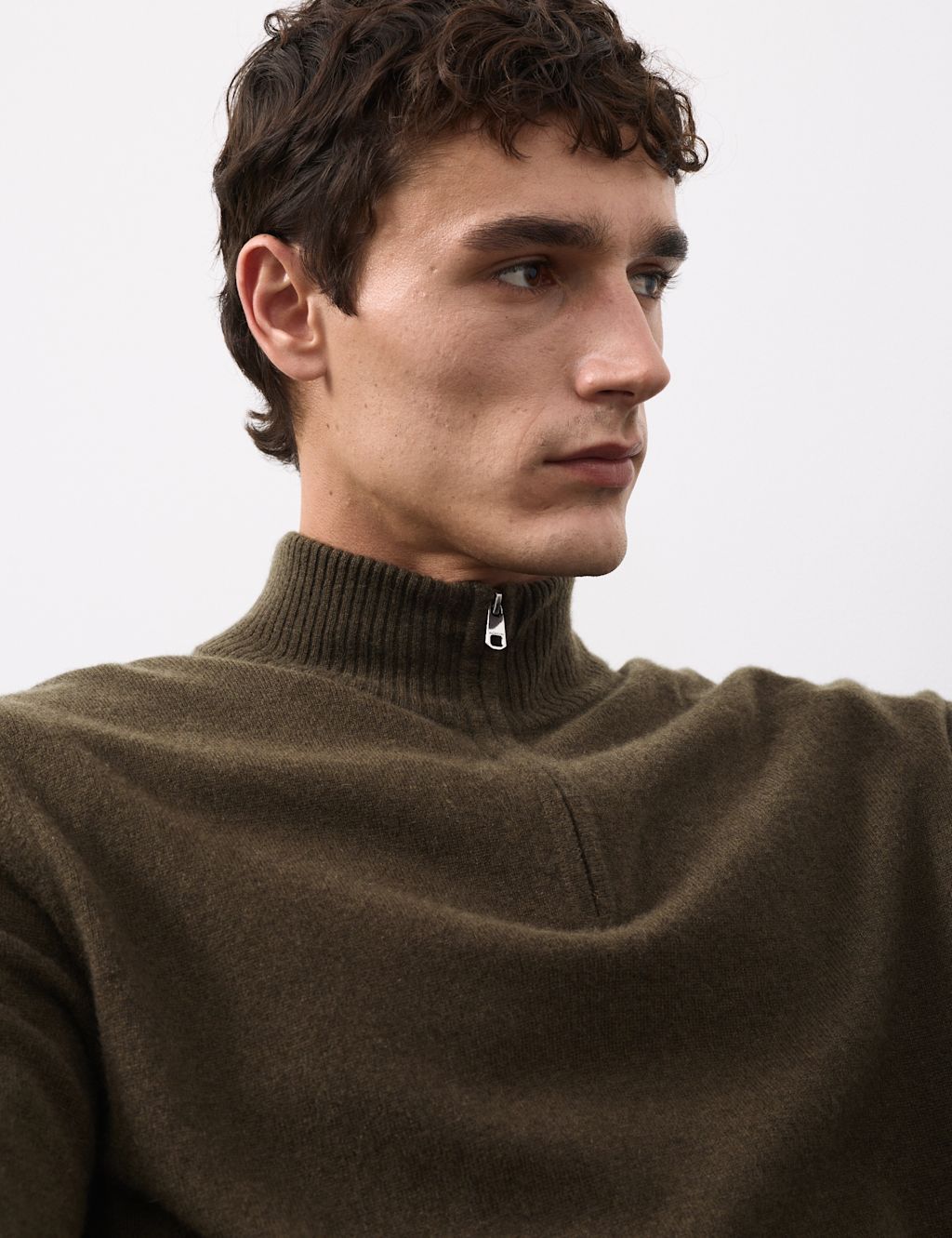 Autograph Pure Cashmere Half Zip Jumper - SREG - Dark Olive, Dark Olive