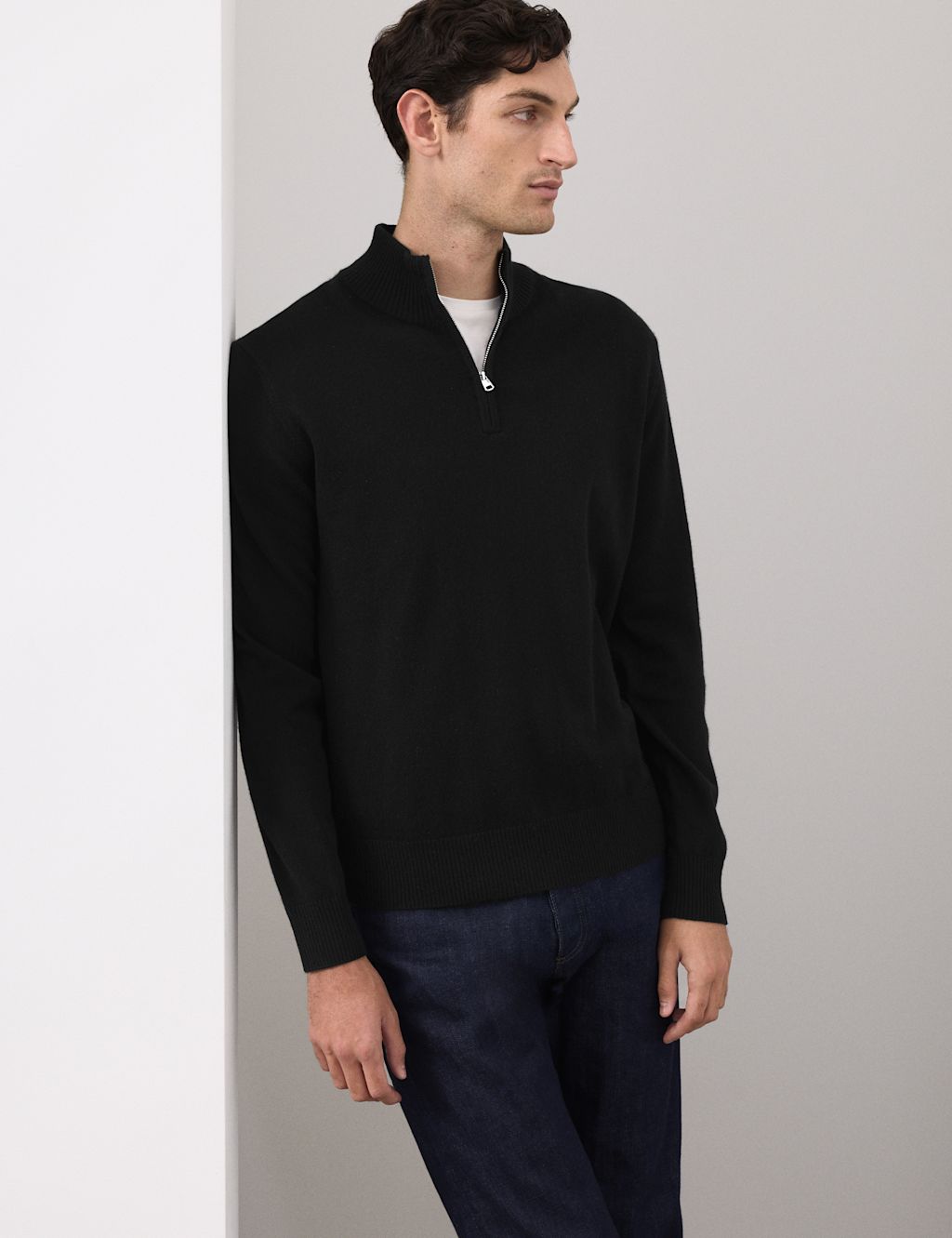 Autograph Pure Cashmere Half Zip Jumper - LREG - Black, Black