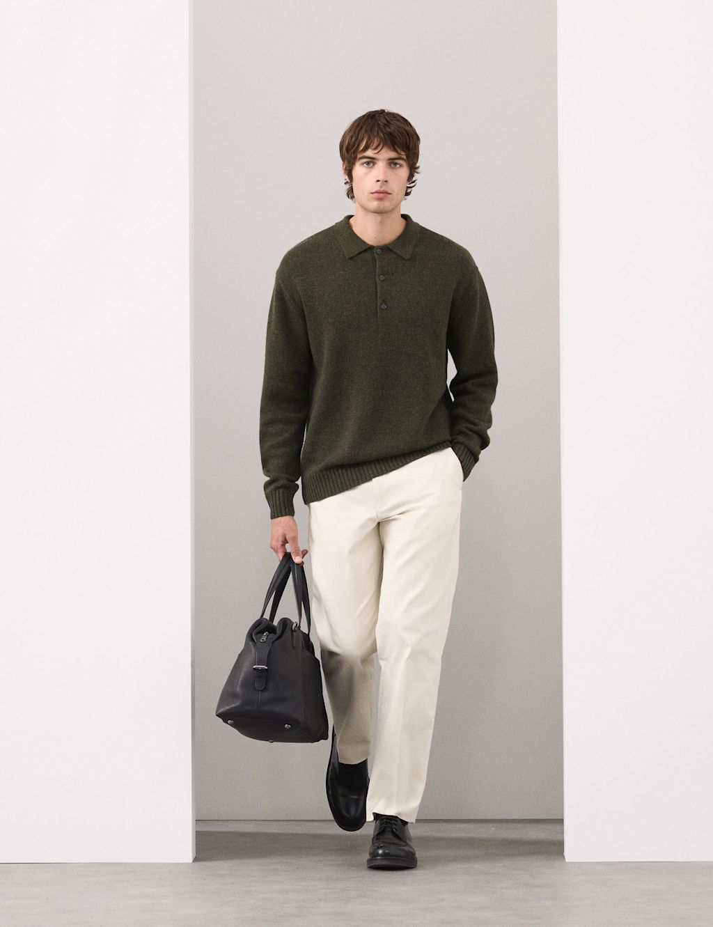 Autograph Cashmere and Wool Blend Relaxed Polo Jumper - LREG - Dark Olive, Dark Olive