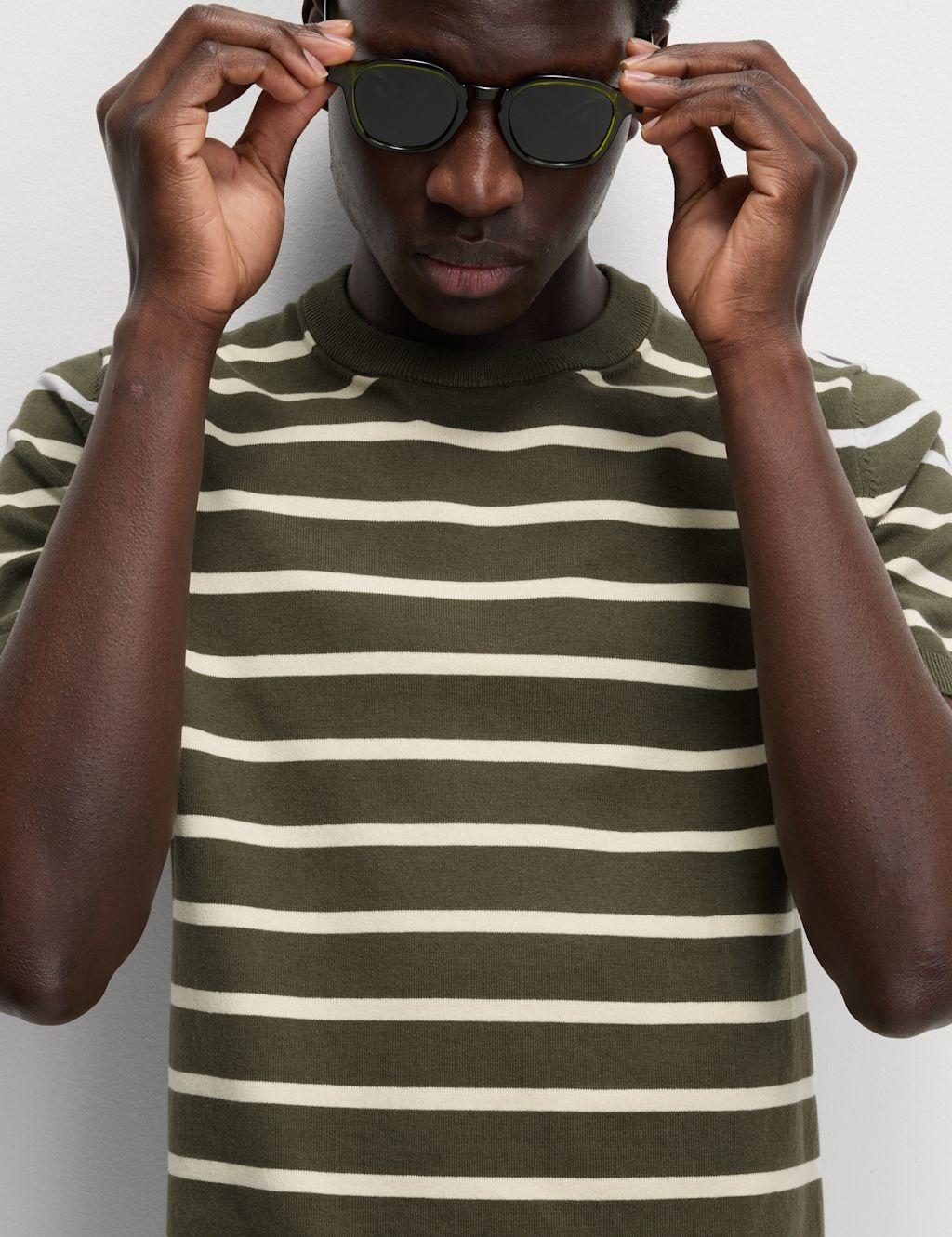 M&S Cotton Rich Striped Knitted T-Shirt - XXLREG - Khaki Mix, Khaki Mix