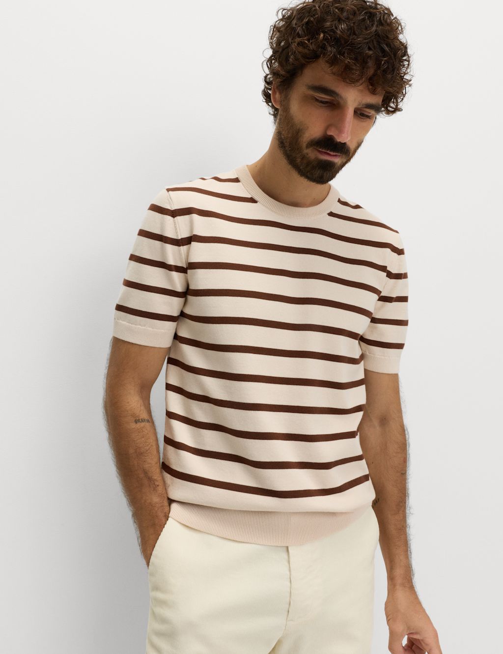 M&S Cotton Rich Striped Knitted T-Shirt - XLREG - Conker, Conker