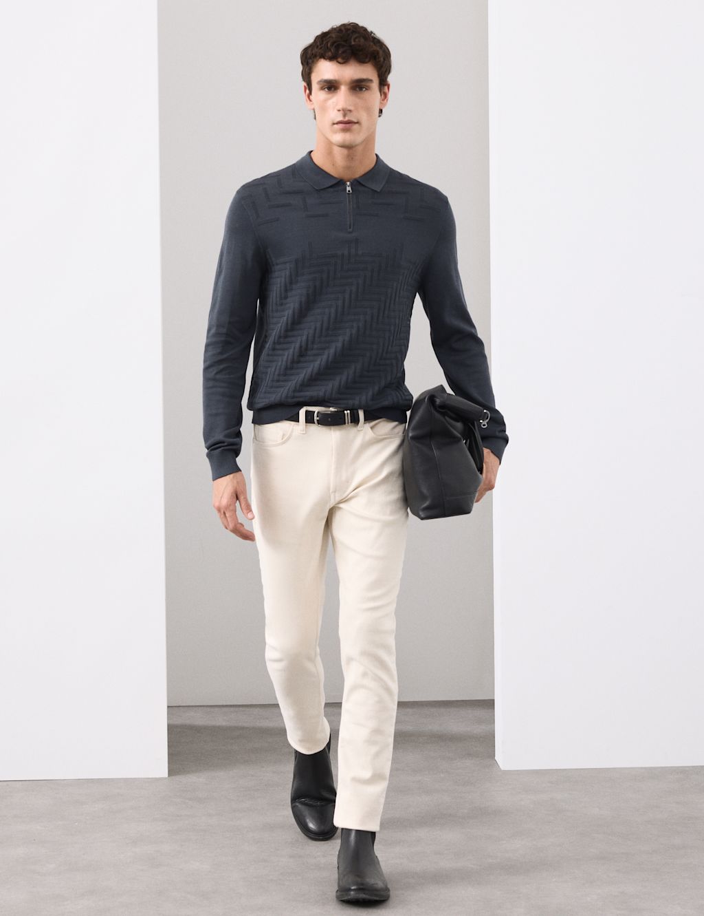 Autograph Mercerised Cotton Geometric Half Zip Polo - XLLNG - Dark Ink, Dark Ink