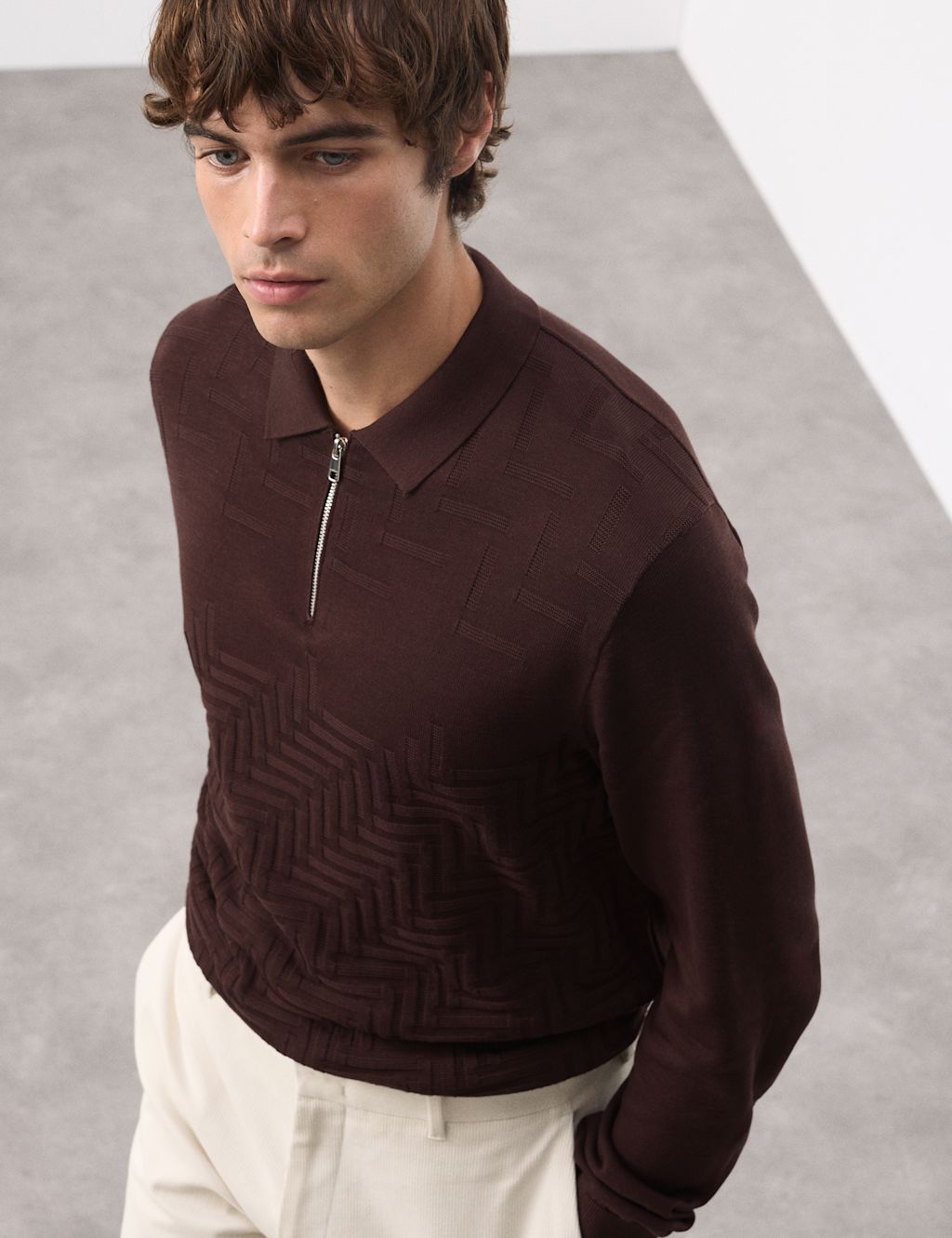 Autograph Mercerised Cotton Geometric Half Zip Polo - XLREG - Dark Chocolate, Dark Chocolate